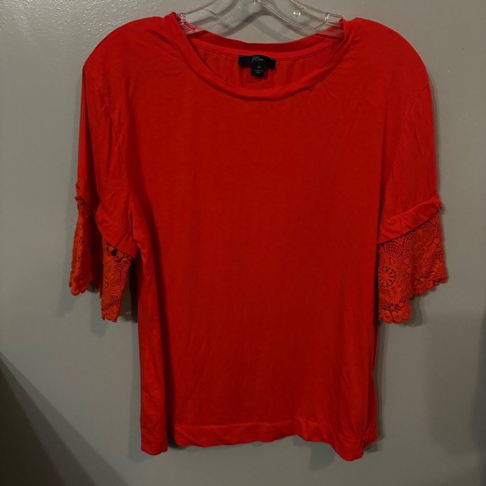 J. Crew Red Top w/ Crochet Short Sleeve‎ Blouse (Women's Medium)